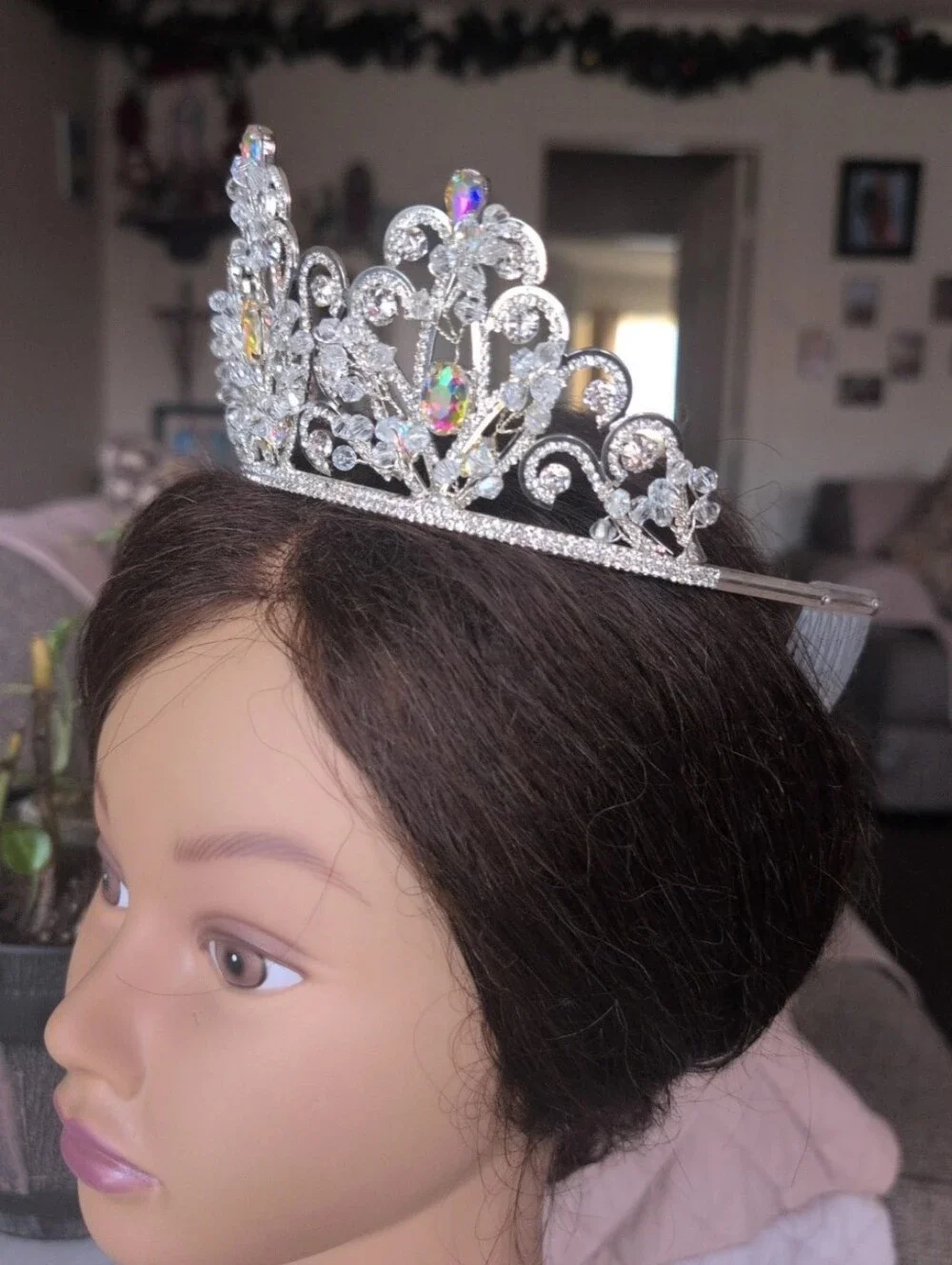 Silver Rhinestone Tiara Crown with Iridescent Gems